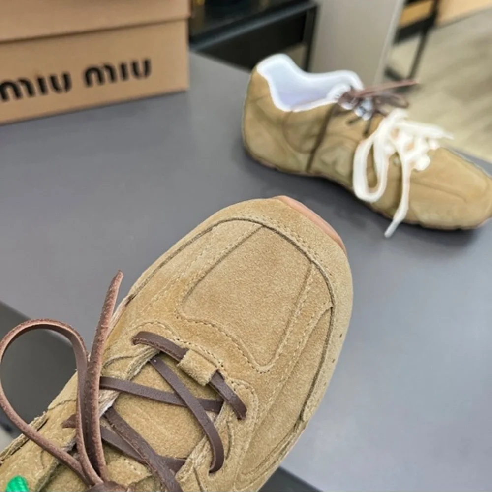 Miu Miu Tan Sneakers with Green and White Laces